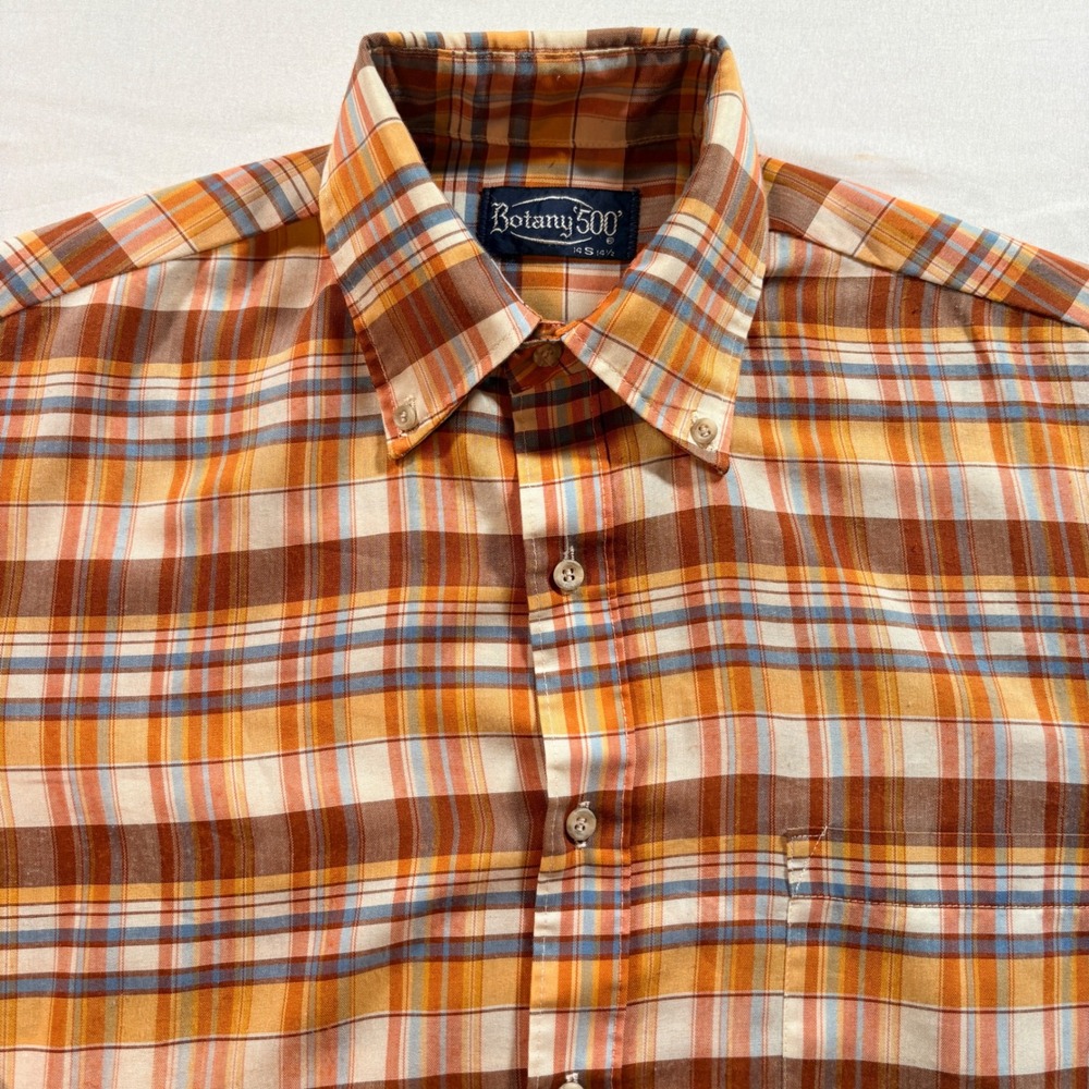 Botany 500 Plaid Button Down Shirt Mens Small Orange Brown Retro Long Sleeve